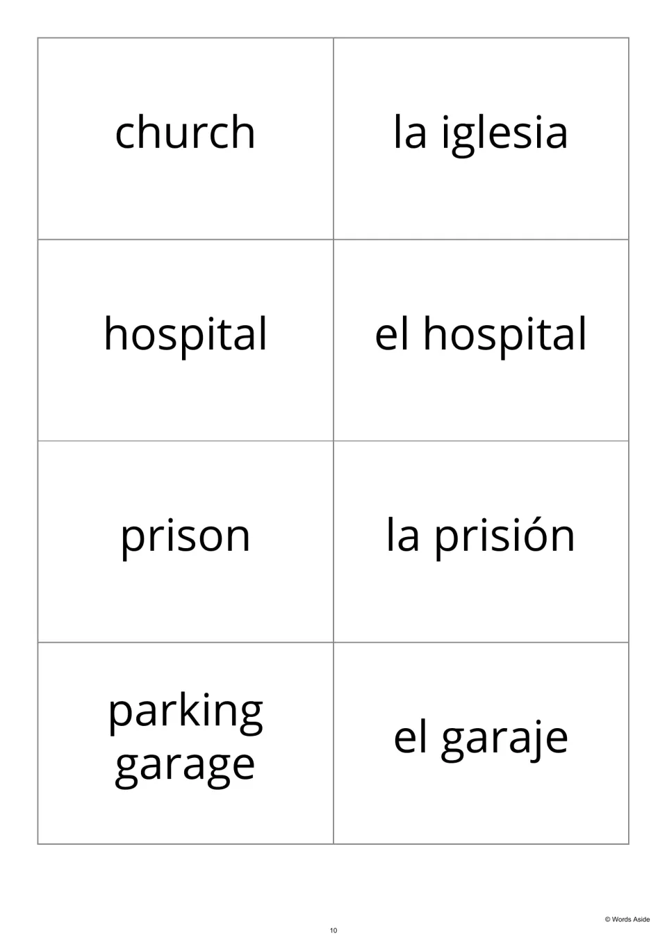 Building vocabulary flashcards pairing church, hospital, prison and parking garage with Spanish translations