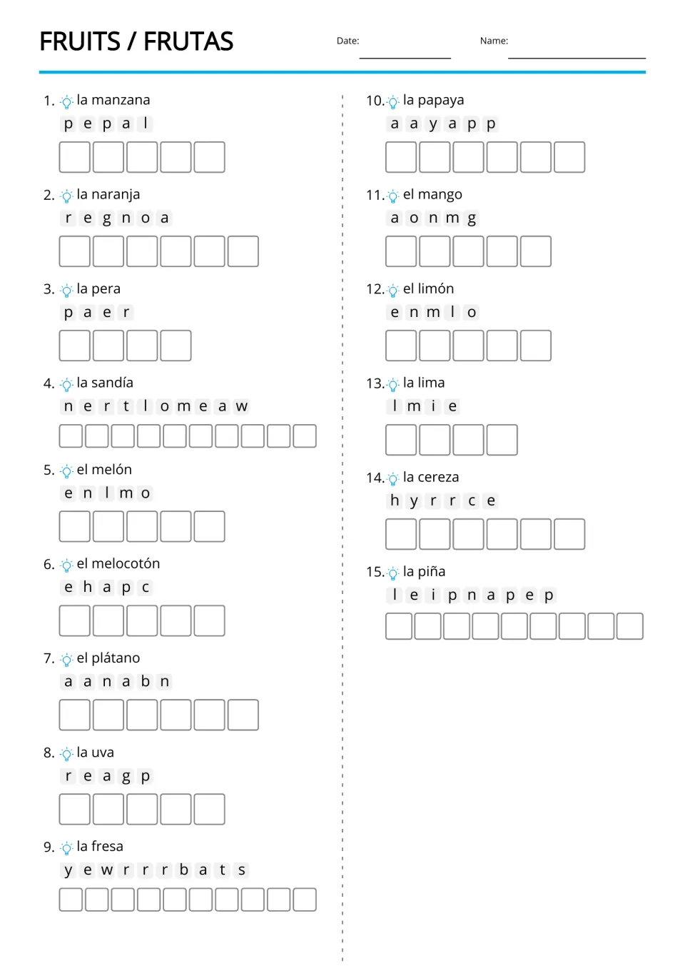 Frutas scramble in reverse: students read 15 Spanish fruit names like la manzana and unscramble the English word