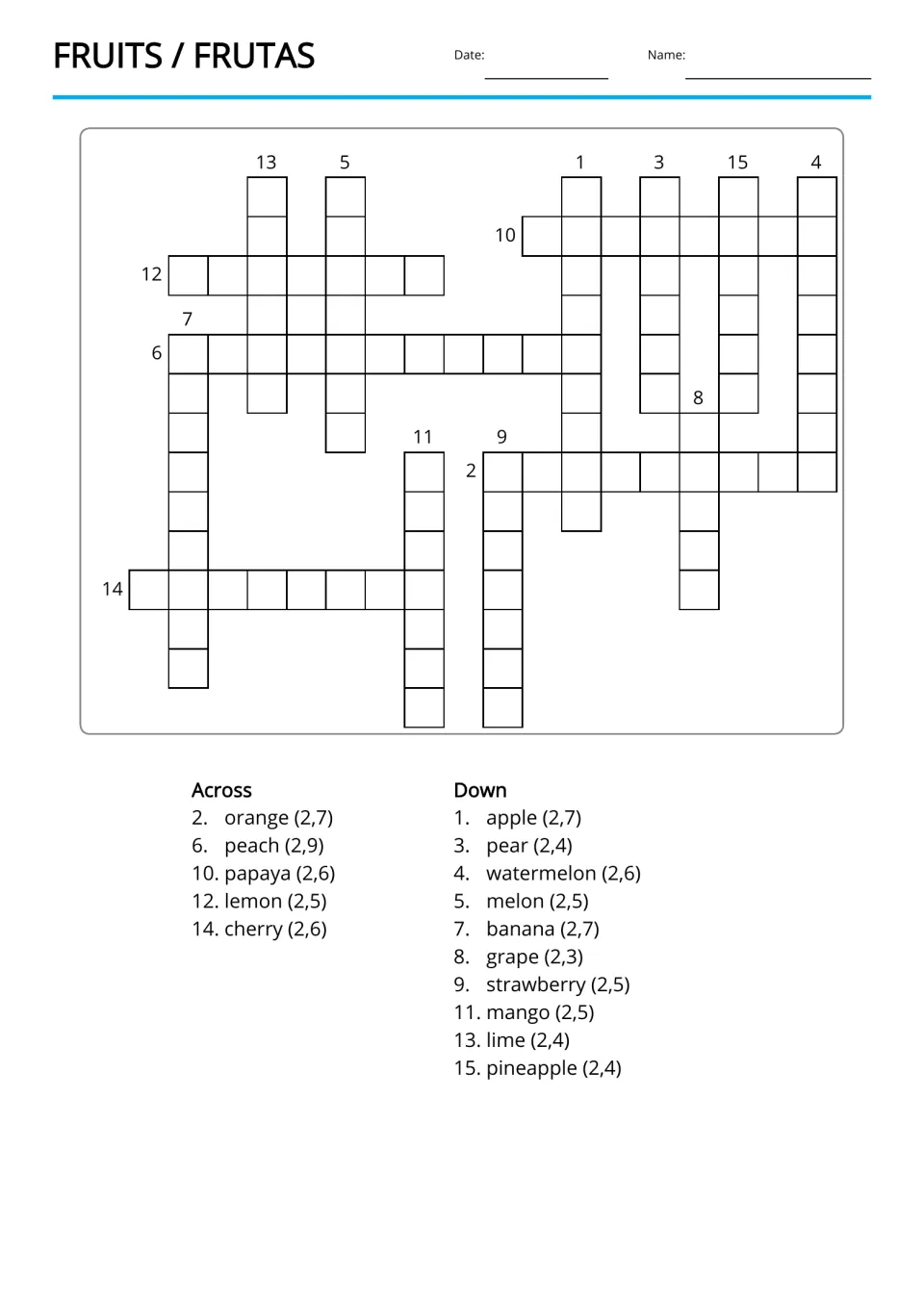 Fruit crossword: students fill in the Spanish name with its article for 15 English clues such as orange, peach and lime