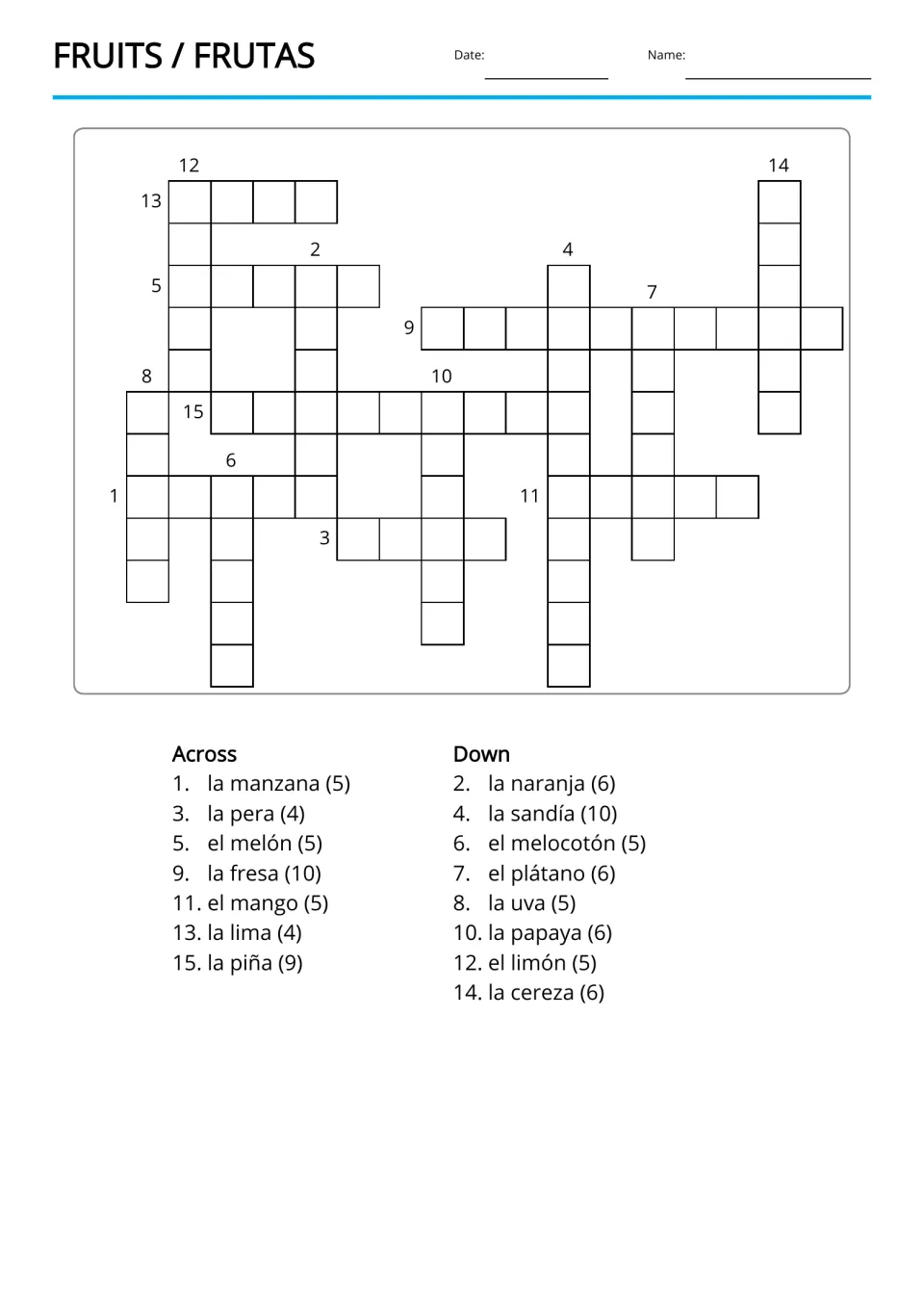 Spanish-clue fruit crossword: students write the English word for clues like la manzana, la fresa and la piña
