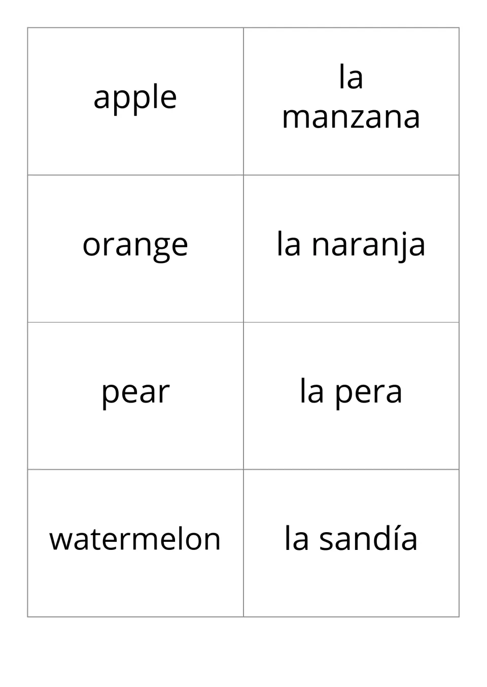 Flash cards pairing English and Spanish fruit names: apple / la manzana, orange / la naranja, pear and watermelon