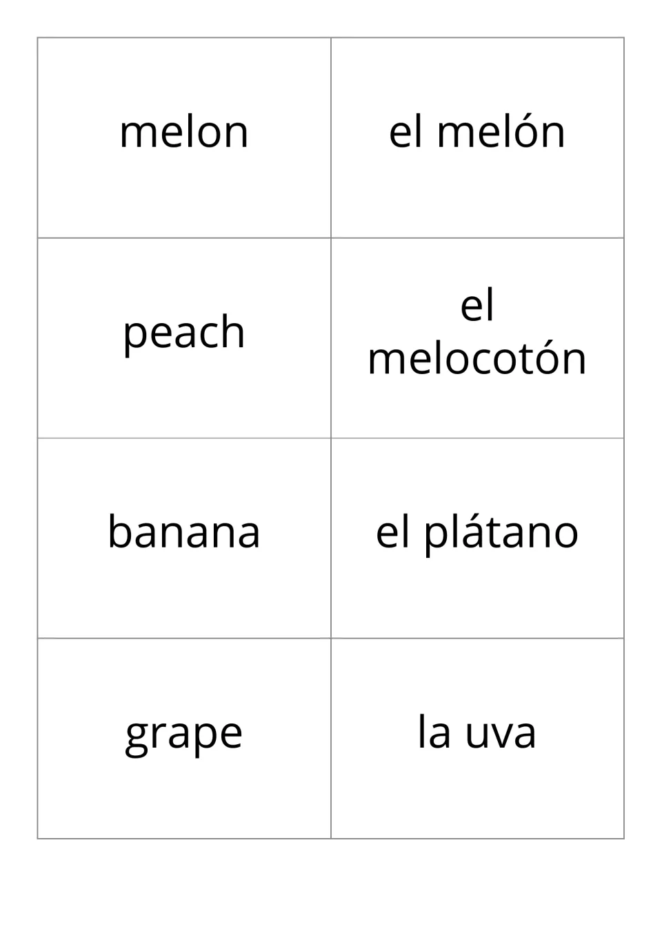 Fruit flash cards in English and Spanish: melon / el melón, peach / el melocotón, banana / el plátano, grape / la uva