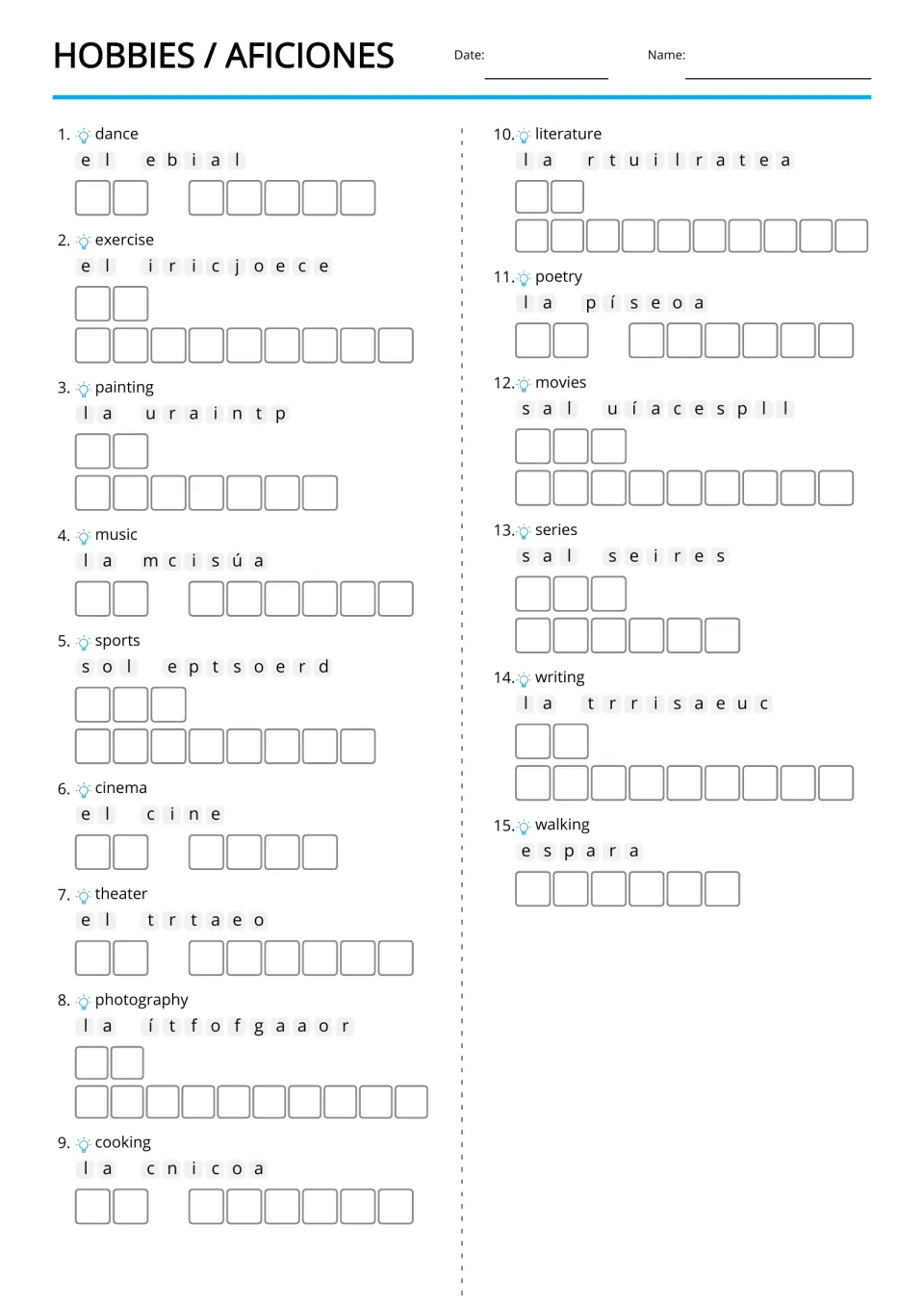 Spanish vocabulary anagrams for 15 English hobby clues, including dance, exercise, painting, and music