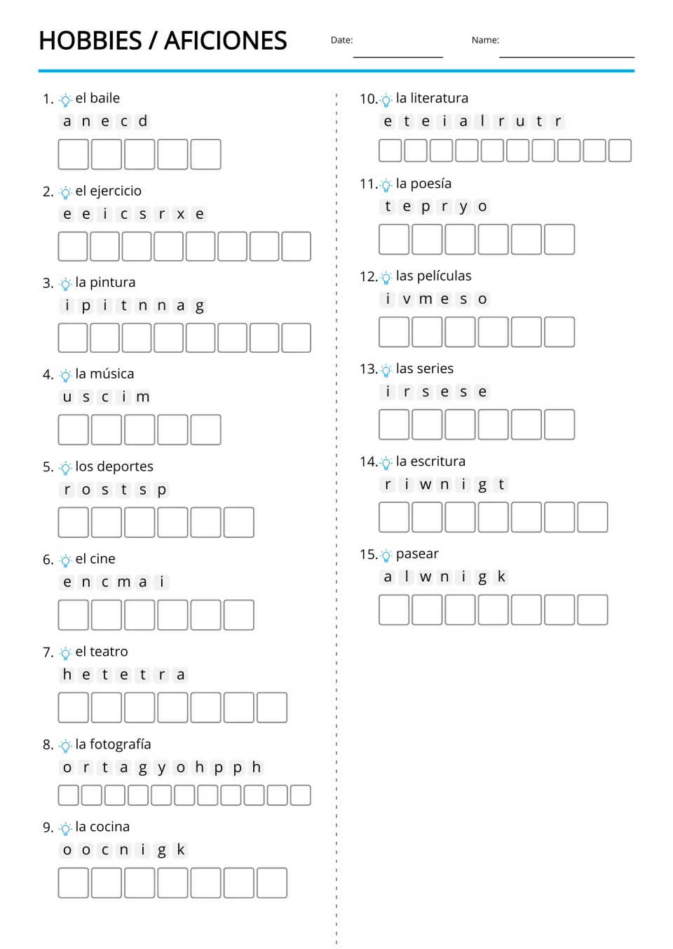 English vocabulary anagrams for 15 Spanish hobby clues, including el baile (dance) and la música (music)