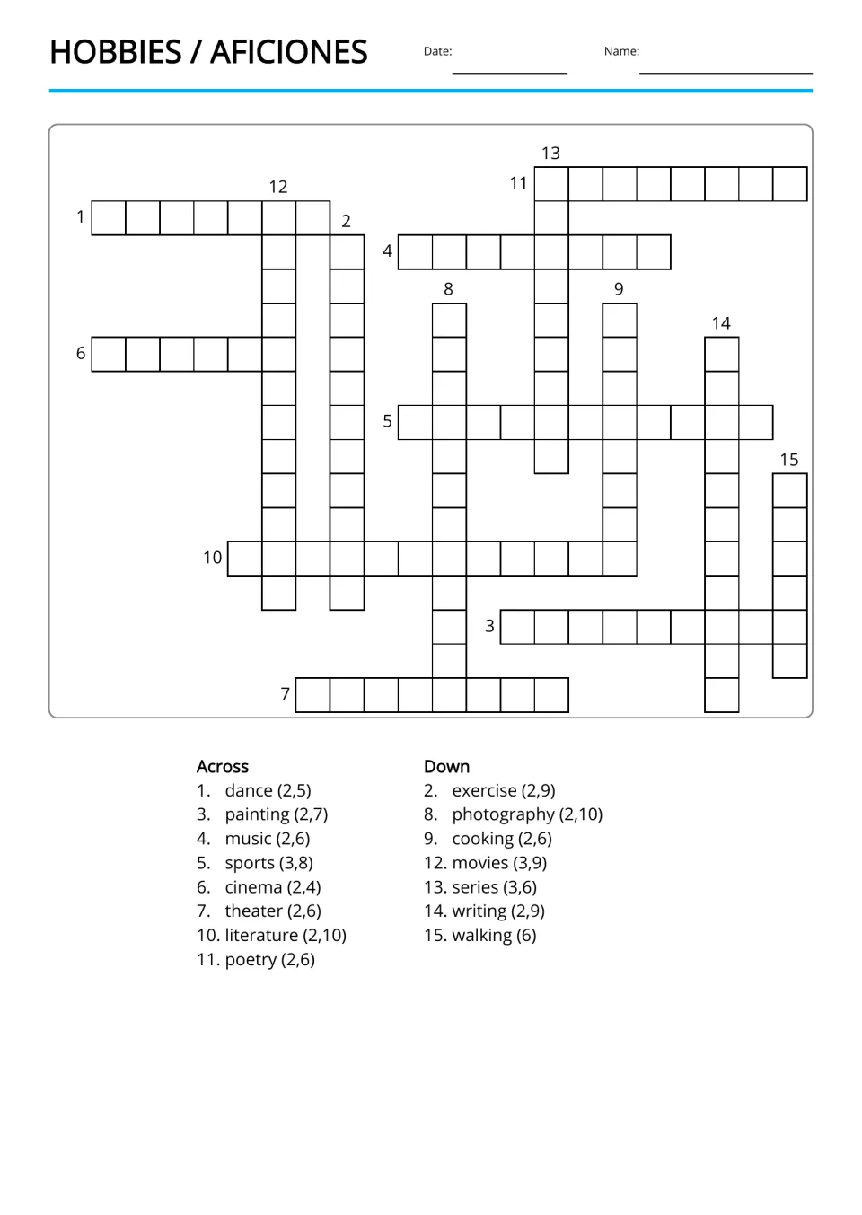 Spanish hobbies crossword using 15 English clues, including dance, photography, cooking, and walking