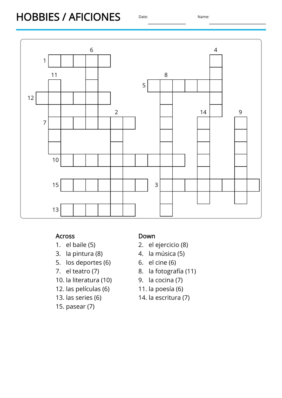 English hobbies crossword using 15 Spanish clues, including el cine (cinema) and la escritura (writing)