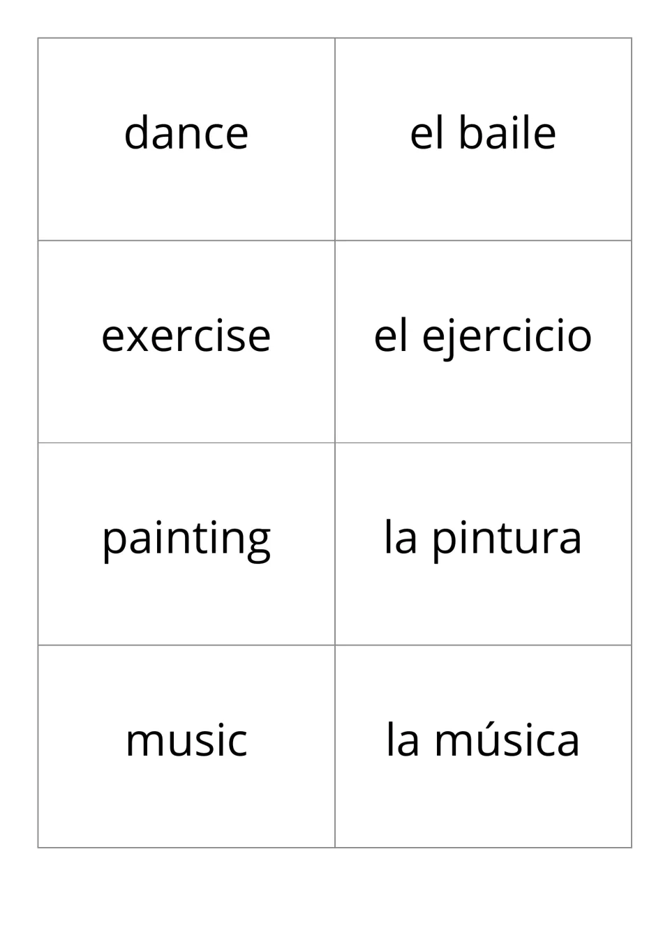Hobby flashcards: el baile (dance), el ejercicio (exercise), la pintura (painting), and la música (music)