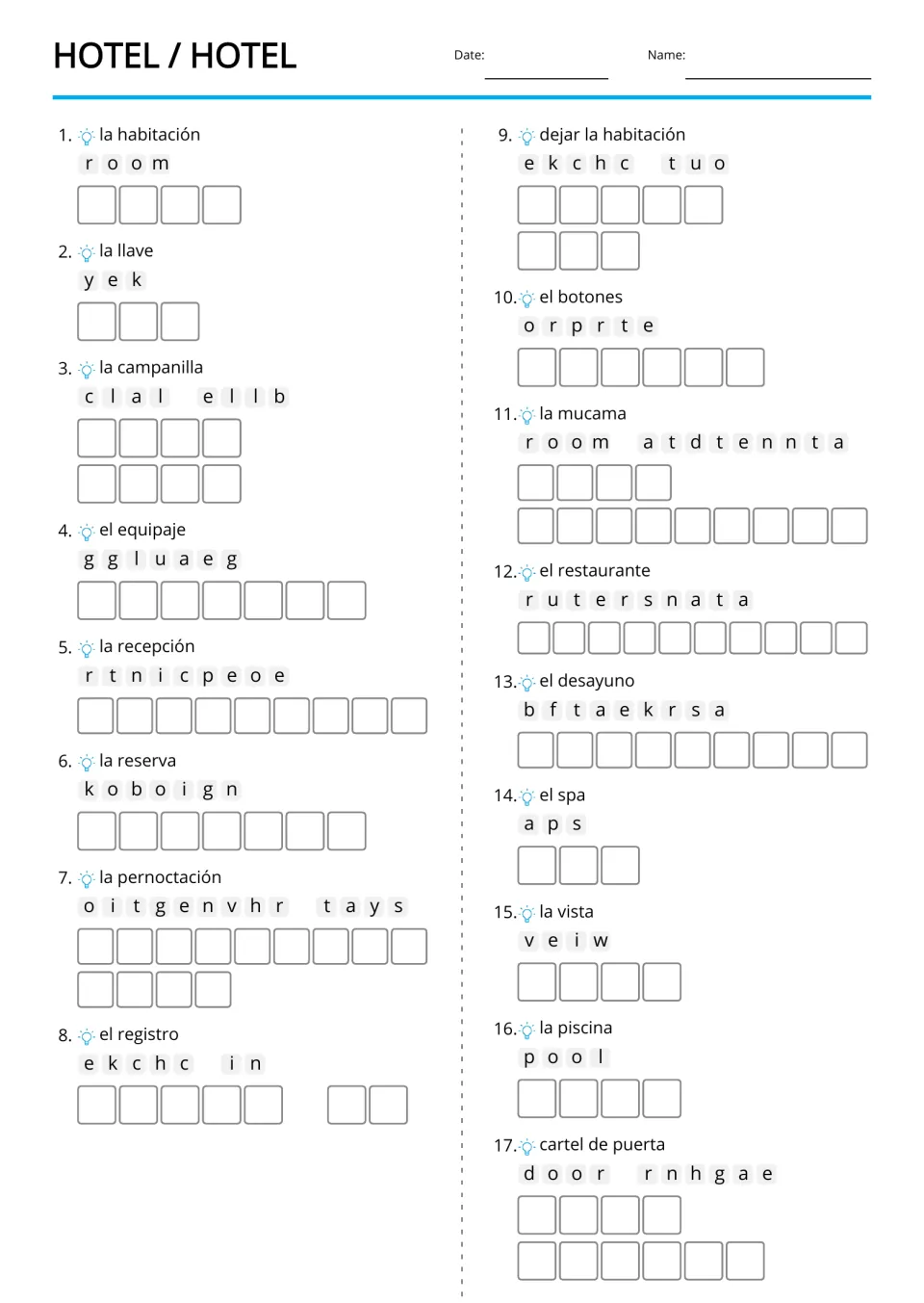 English hotel vocabulary anagrams: 17 Spanish clues including la habitación (room) and la llave (key)