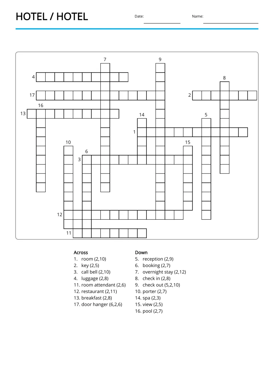Spanish hotel vocabulary crossword with 17 English clues including room, booking, breakfast and pool