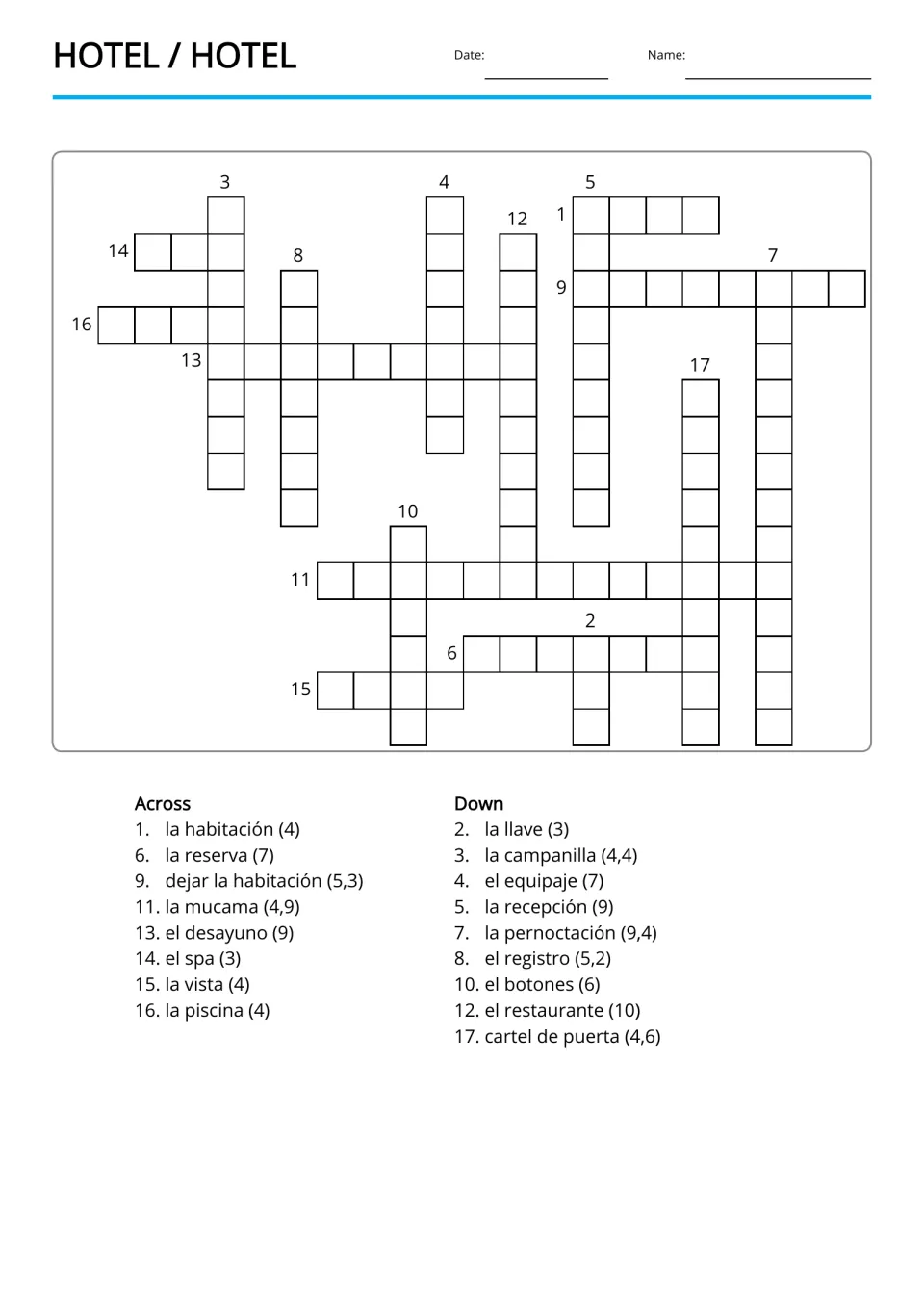 English hotel vocabulary crossword with 17 Spanish clues including la reserva (booking) and el spa (spa)