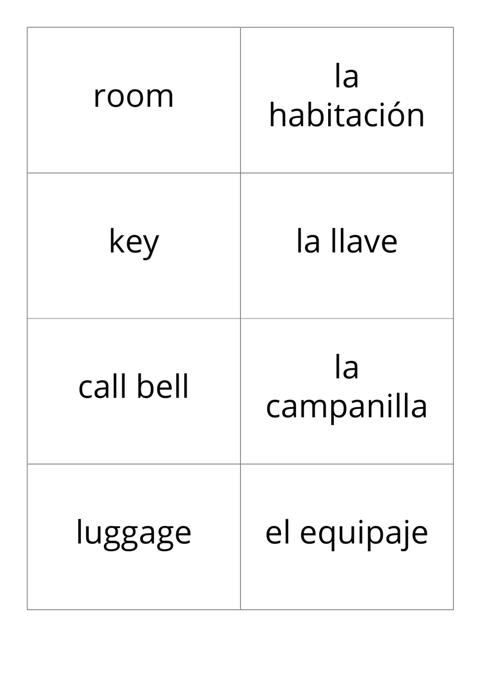 Hotel vocabulary flashcards, pairs 1–4: room, key, call bell and luggage with their Spanish translations