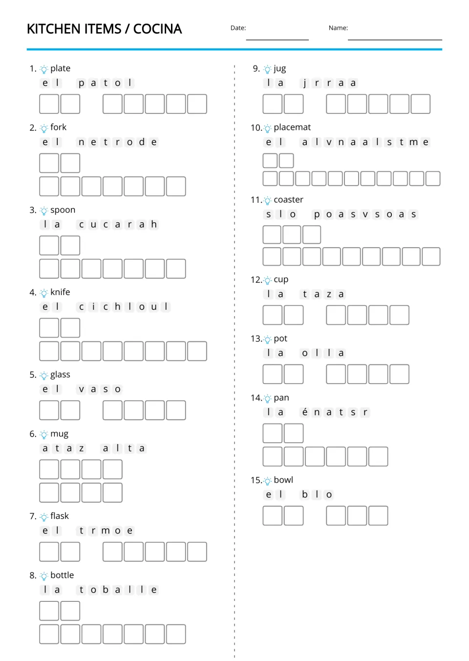 Spanish kitchen vocabulary anagrams for 15 English clues, including plate, fork, spoon, knife and jug