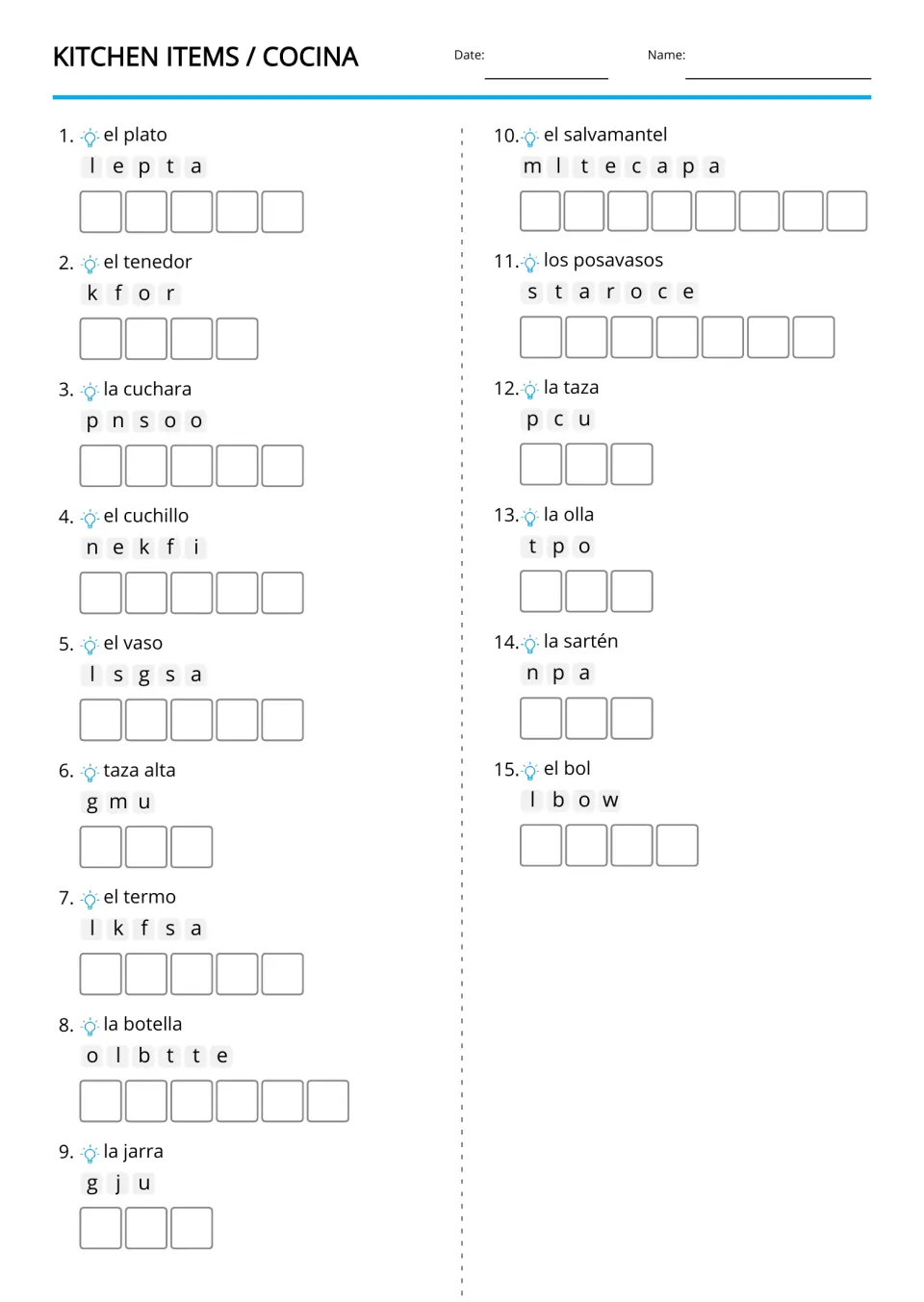 English kitchen vocabulary anagrams for 15 Spanish clues, including el plato (plate) and la taza (cup)