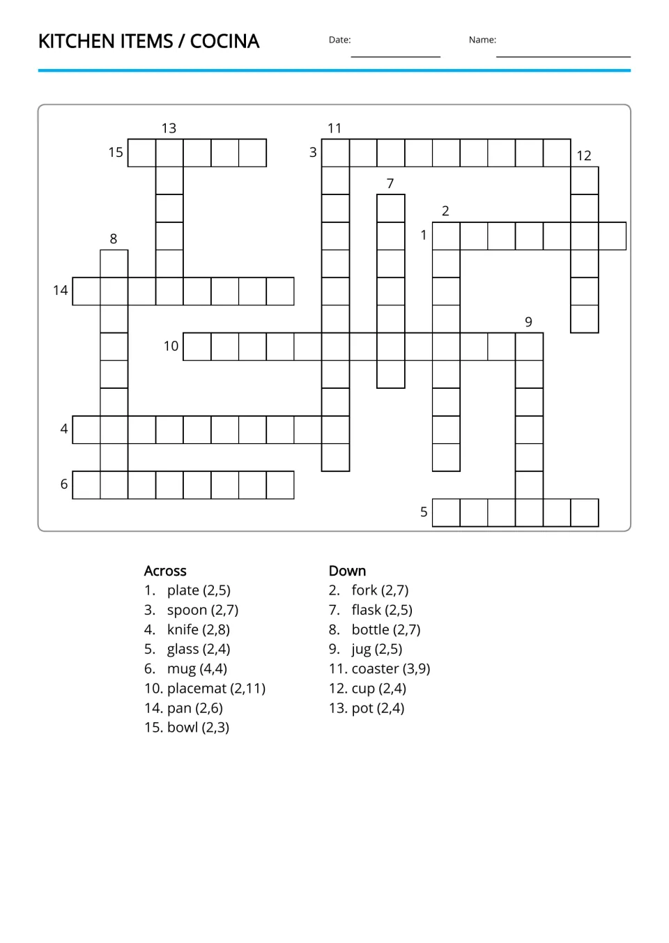 Spanish kitchen vocabulary crossword using 15 English clues, including plate, spoon, mug, pan and bowl