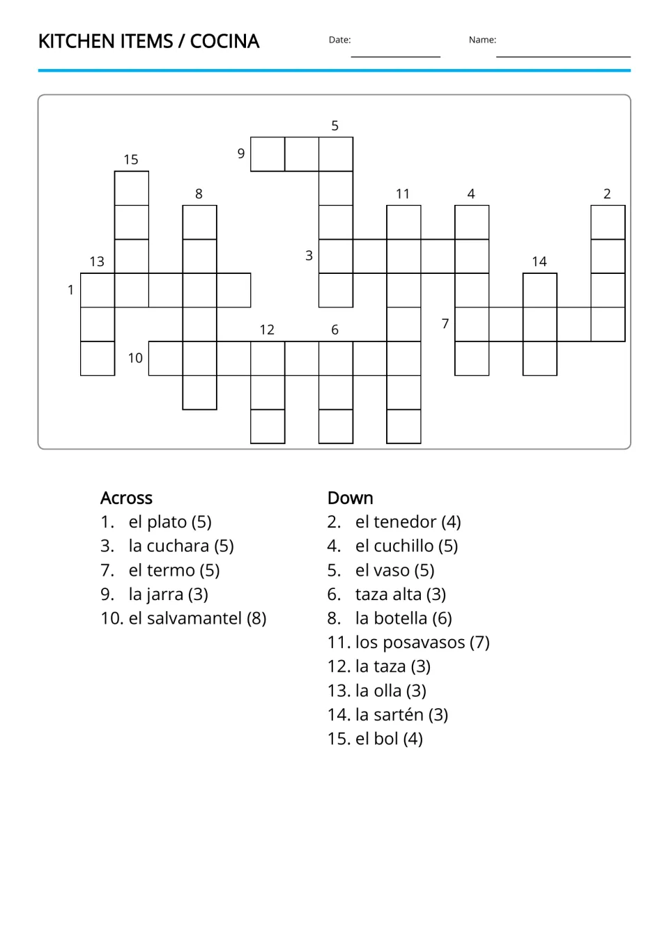 English kitchen vocabulary crossword using 15 Spanish clues, including el vaso (glass) and el bol (bowl)