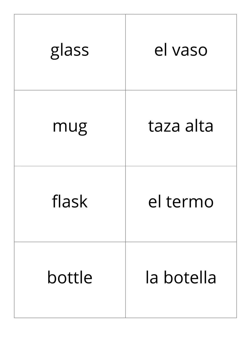 Kitchen flashcards, pairs 5–8: el vaso (glass), taza alta (mug), el termo (flask), la botella (bottle)