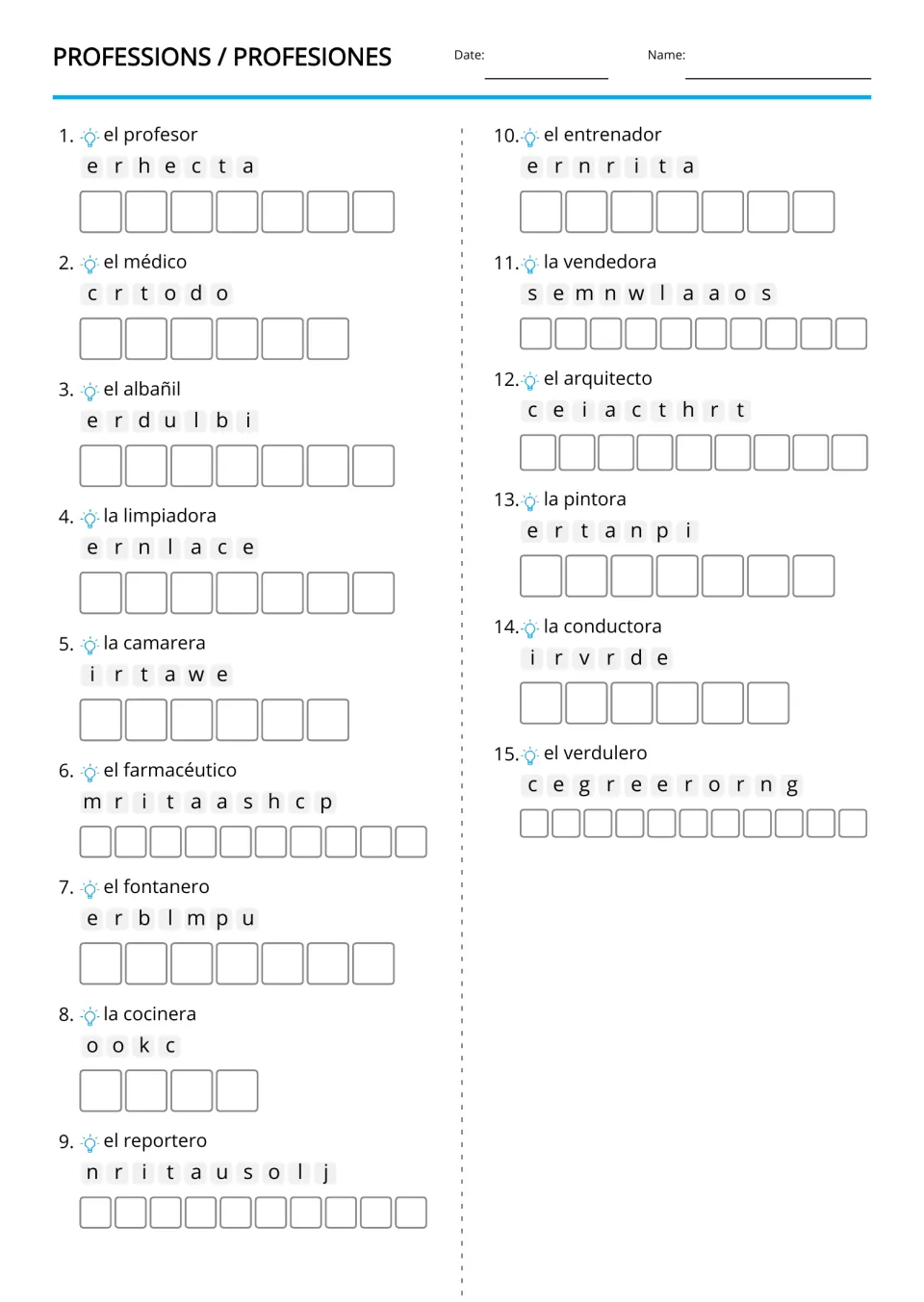 English professions anagrams for 15 Spanish clues, including el profesor (teacher) and el médico (doctor)