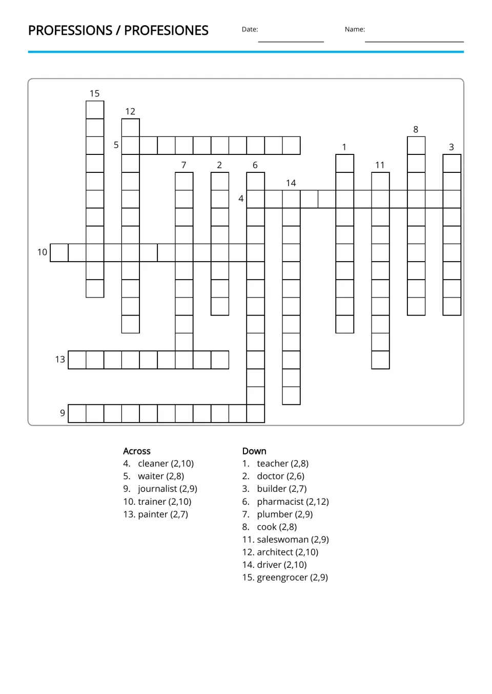 Spanish professions crossword using 15 English clues, including cleaner, waiter, journalist, and trainer