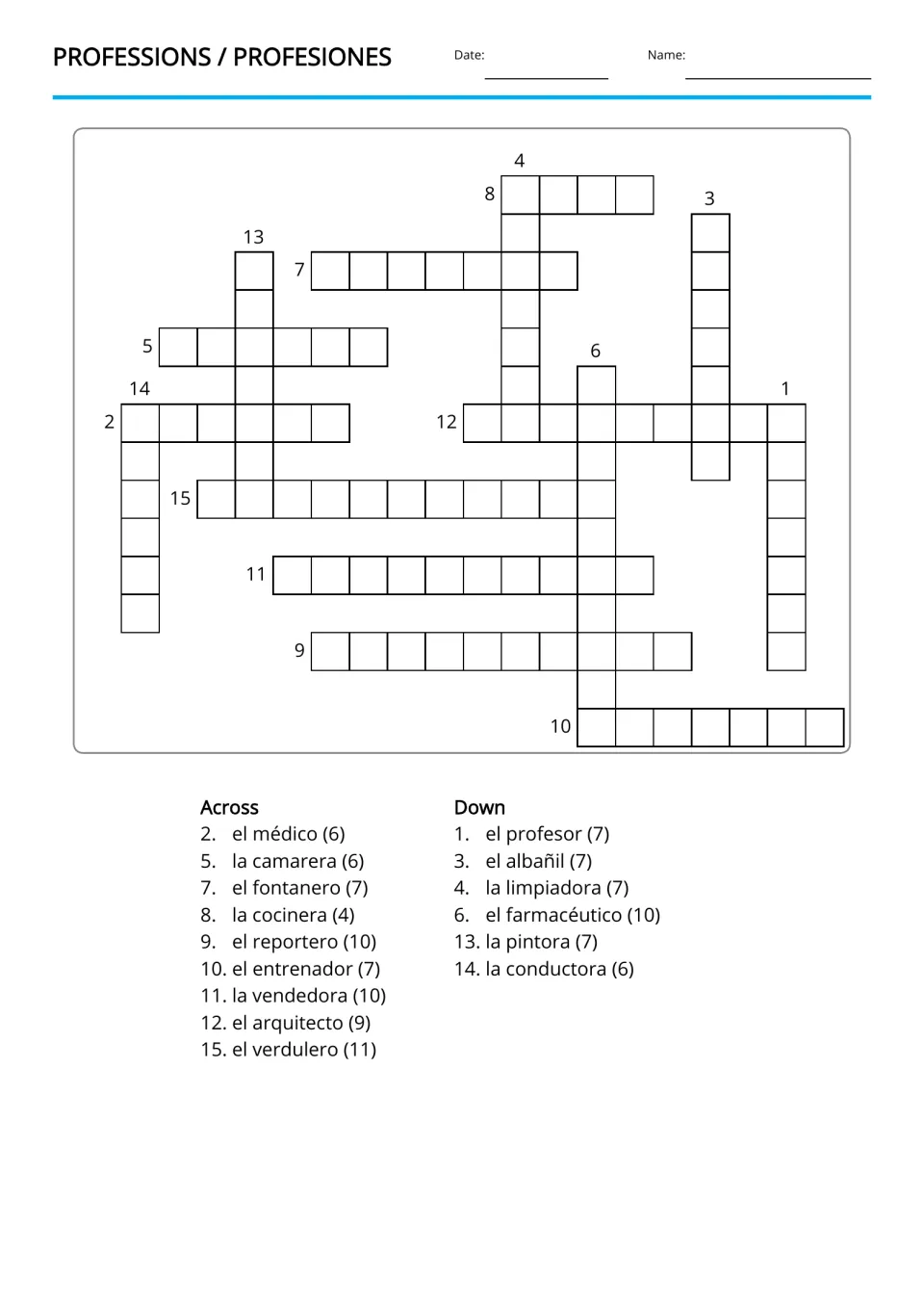 English professions crossword using 15 Spanish clues, including el médico (doctor) and la cocinera (cook)