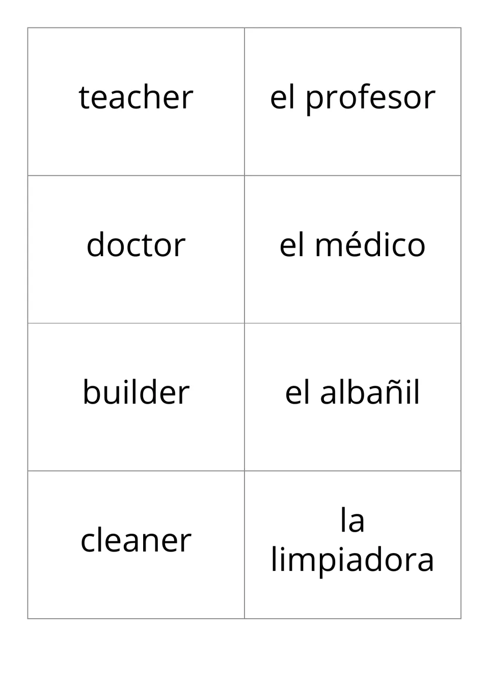 Professions flashcards, pairs 1–4: teacher, doctor, builder, and cleaner with their Spanish equivalents
