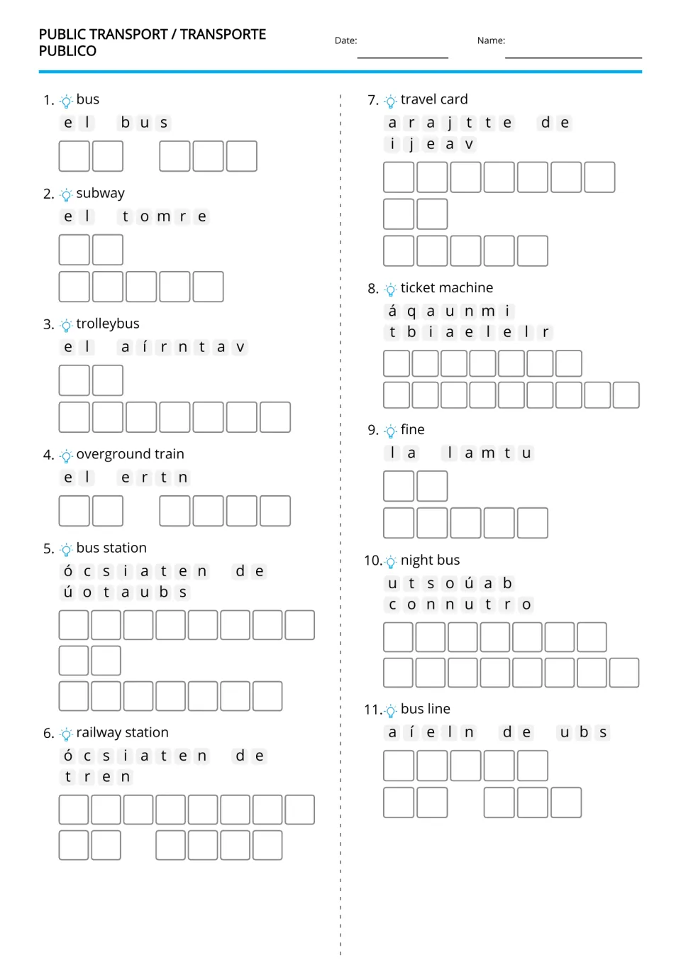 English-to-Spanish transport anagrams: 11 items including bus, subway, travel card, fine, and night bus