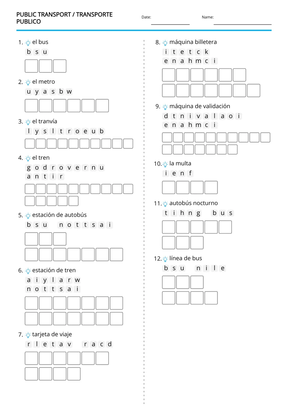 Spanish-to-English transport anagrams: 12 items including bus, subway, ticket machine, and travel card
