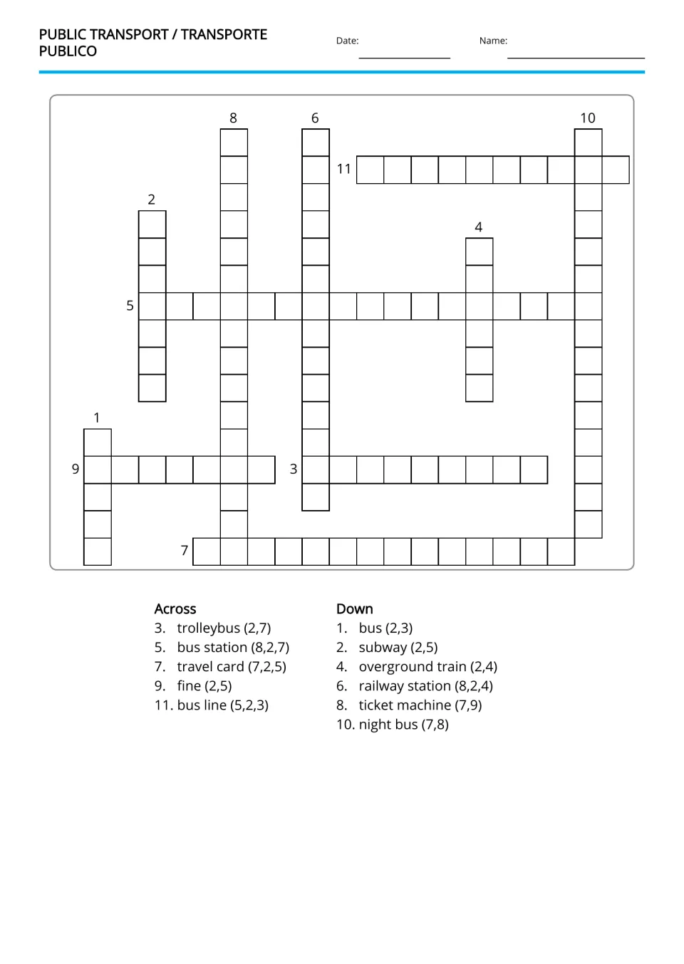 English-to-Spanish transport crossword with 11 clues, including bus station, travel card, and bus line