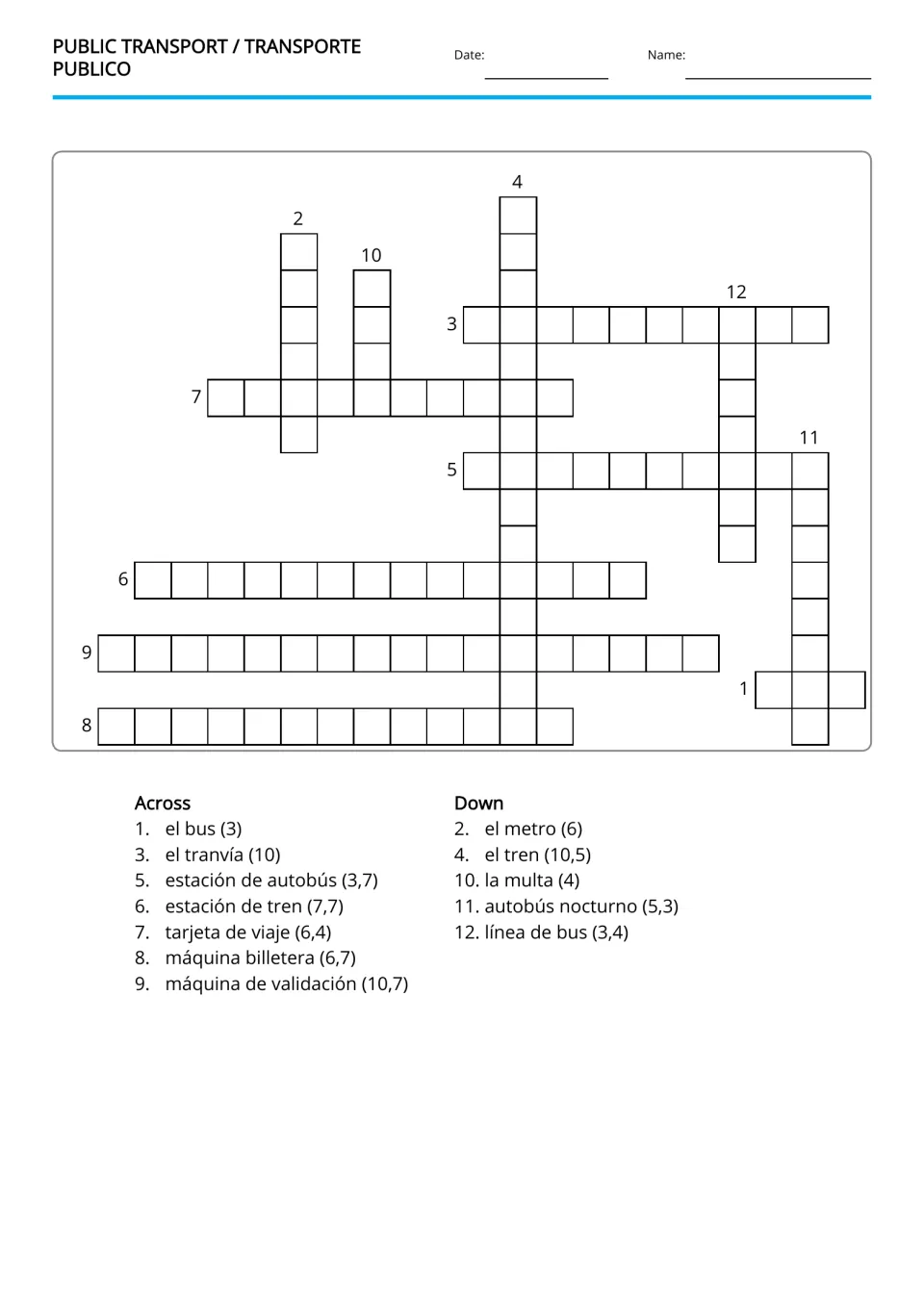 Spanish-to-English transport crossword with 12 clues, including el bus (bus) and el metro (subway)