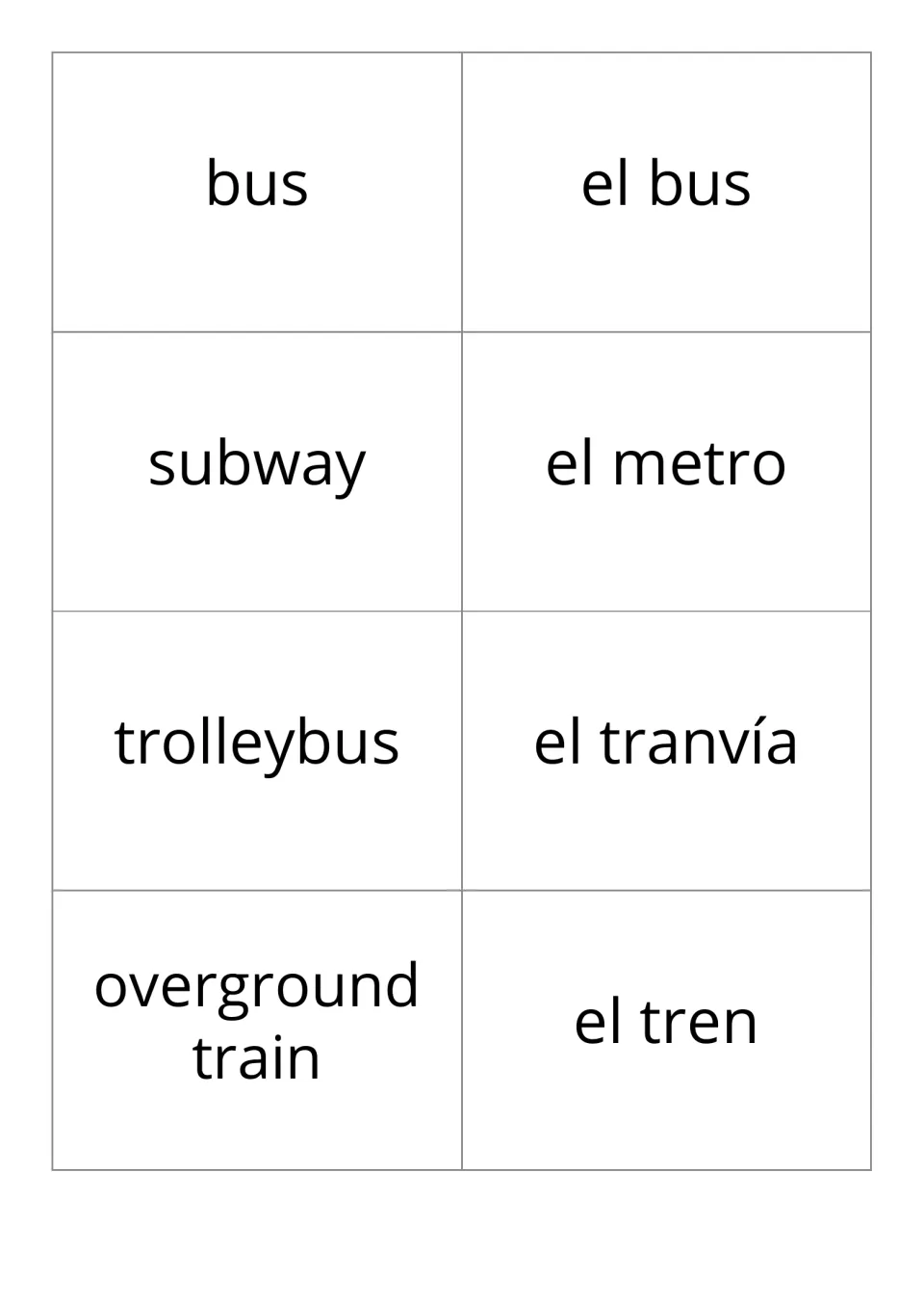 Transport flashcards, first four bilingual pairs: bus, subway, trolleybus, and overground train