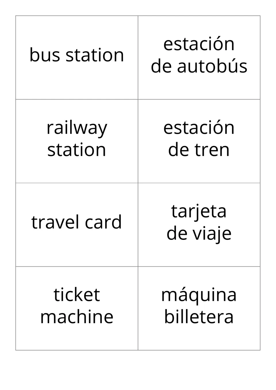 Transport flashcards, next four bilingual pairs: bus station, railway station, travel card, and ticket machine
