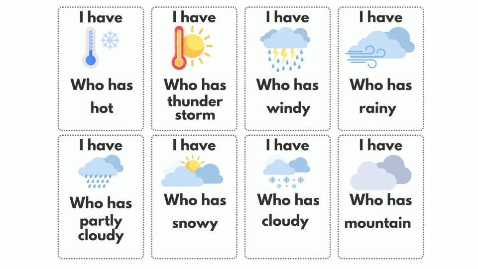 Game cards 1–8 show cold, hot, thunderstorm, windy, rainy, partly cloudy, snowy, and cloudy weather pictures