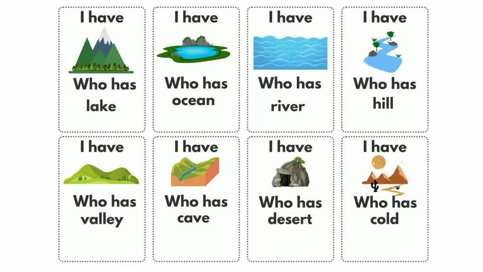 Game cards 9–16 show mountain, lake, ocean, river, hill, valley, cave, and desert pictures with word prompts