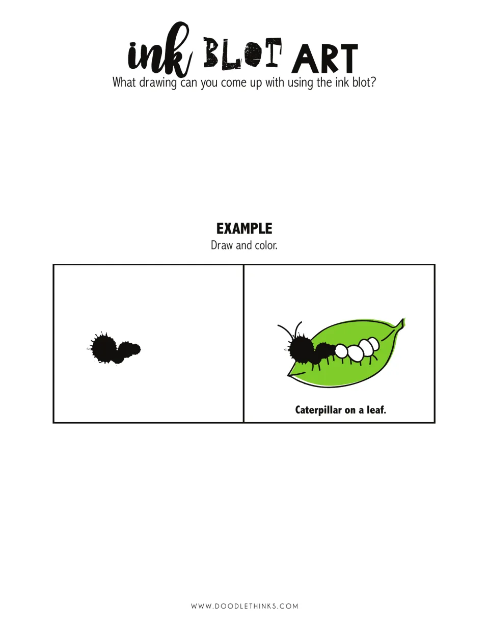 Ink Blot Art example: a small two-part ink blot is turned into a caterpillar on a green leaf to show how to draw and color