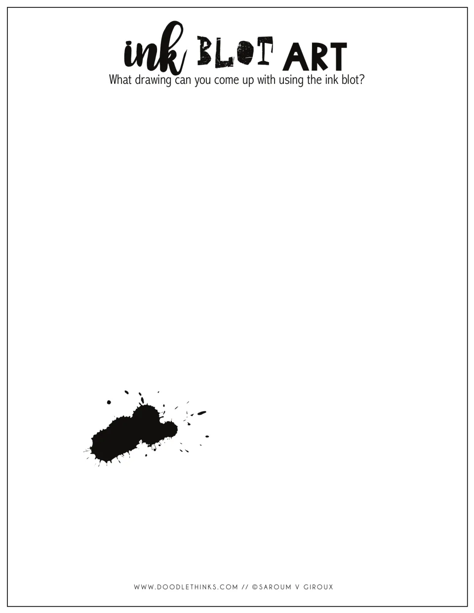 Ink Blot Art: students draw from a long splattered ink blot with scattered drops near the bottom left of the page