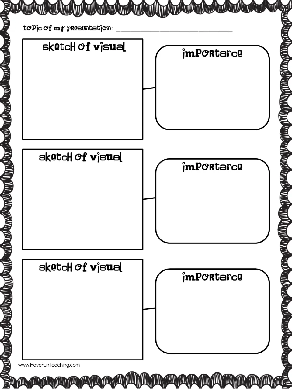Planning visuals: students write their topic, sketch three visual displays and explain why each one matters