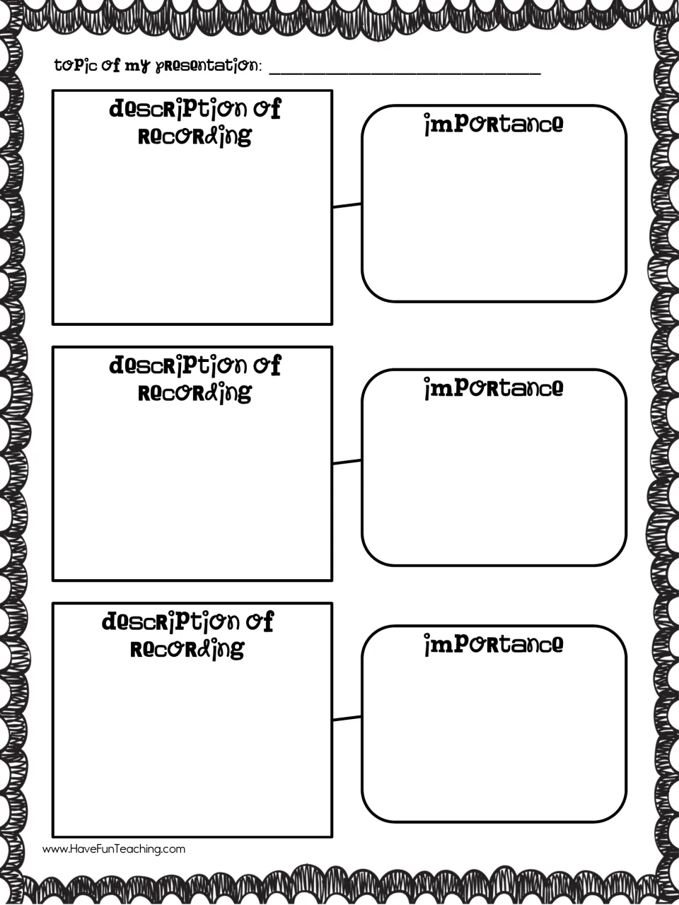 Planning audio: students describe three recordings to add to their talk and note the importance of each one