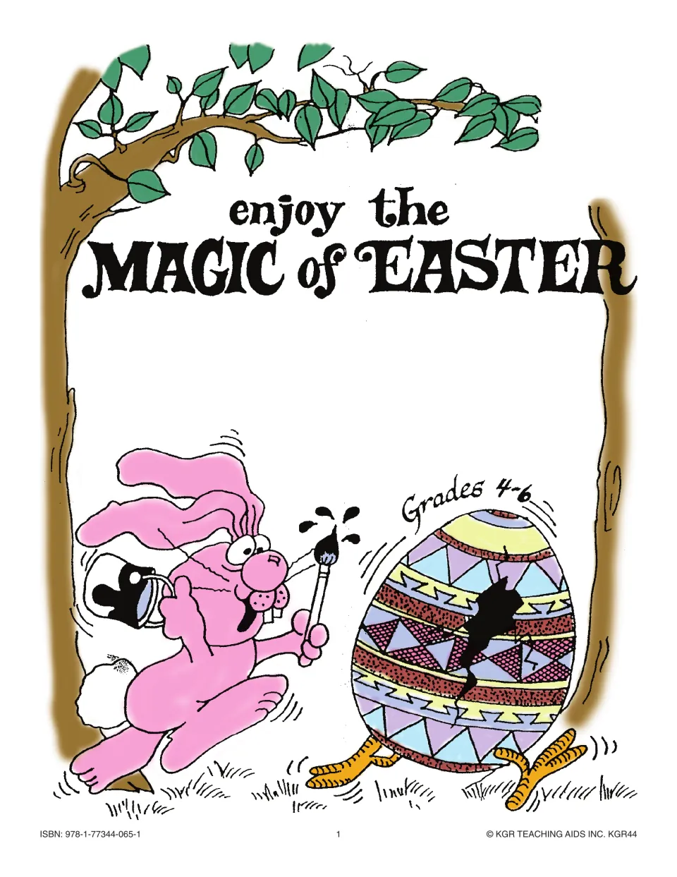 Enjoy the Magic of Easter cover for grades 4–6: a pink rabbit painting a patterned Easter egg that has bird feet