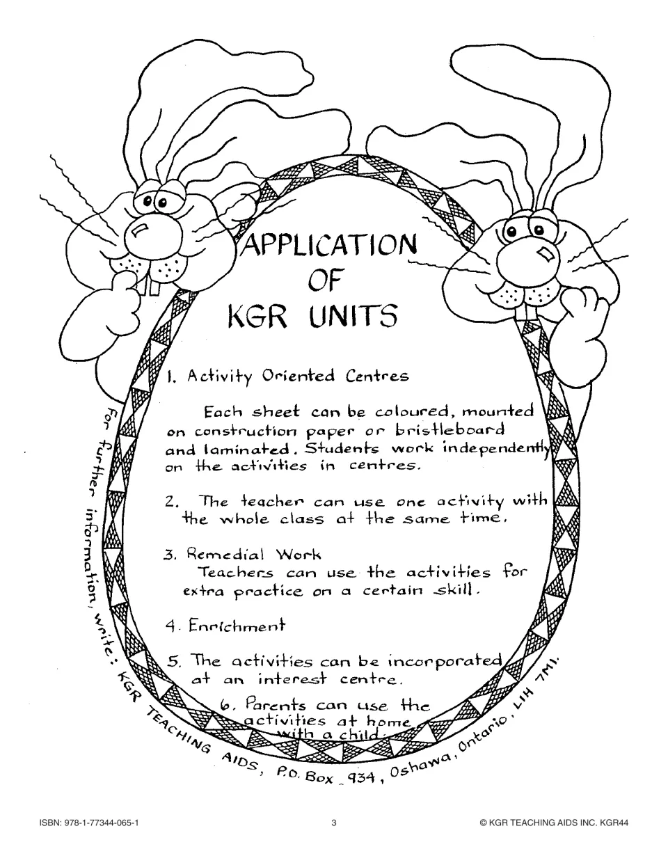 Teacher notes 'Application of KGR Units' listing six uses: activity centers, remedial work, enrichment, home use