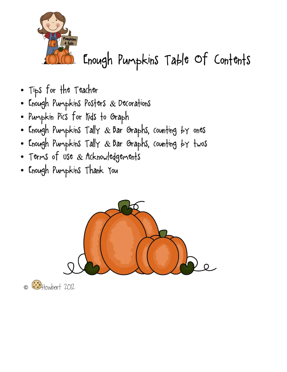 Contents for the graphing set: teacher tips, posters, pumpkin pictures, and tally and bar graphs by ones and twos