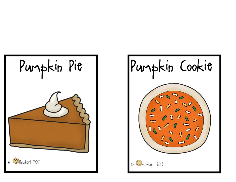 Pumpkin graphing choice cards labeled 'Pumpkin Pie' and 'Pumpkin Cookie,' showing a pie slice and a cookie