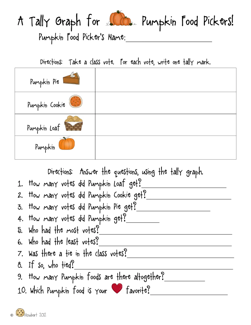 Class vote tally graph for pumpkin pie, cookie, loaf, and pumpkin, with ten questions about votes and favorites
