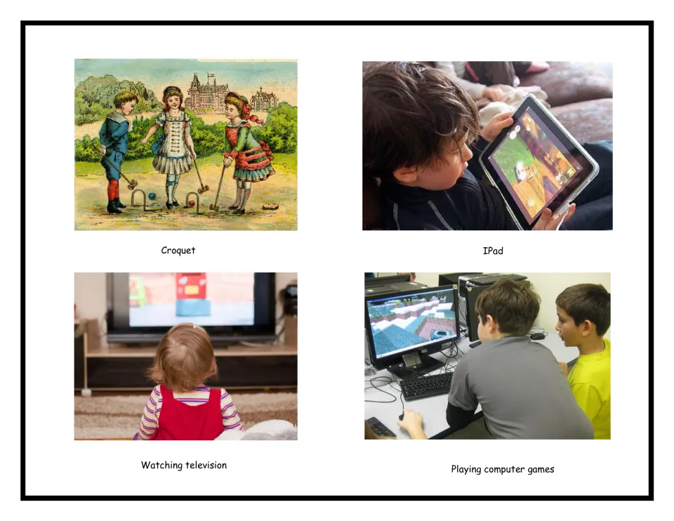 Old and modern play cards: an old croquet drawing beside photos of an iPad, watching television and computer games