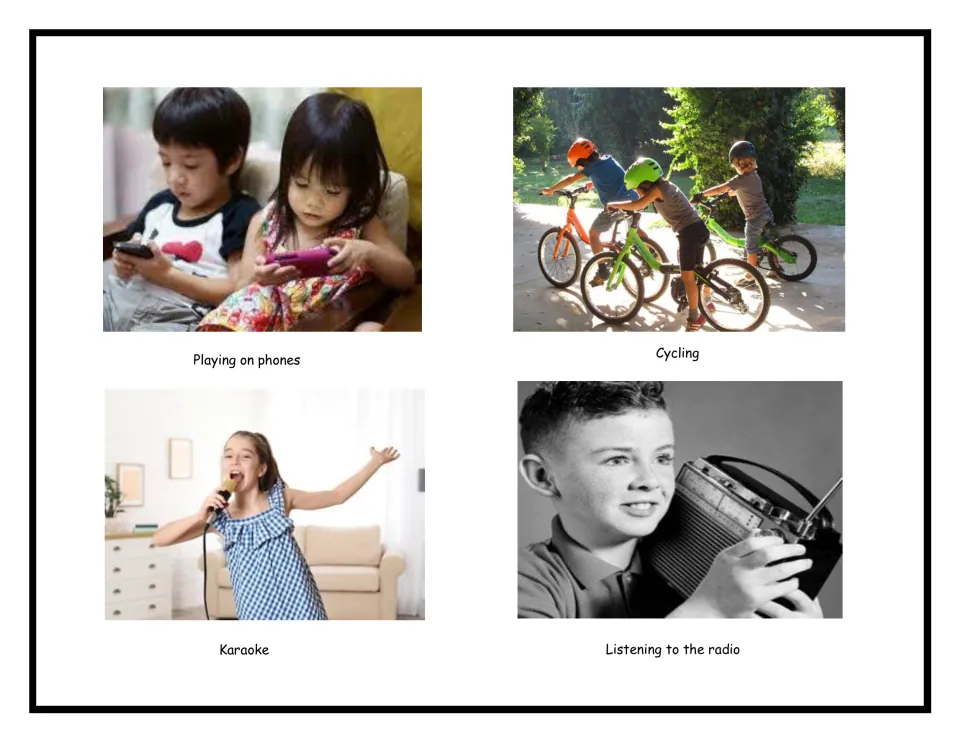 Leisure picture cards: labelled photos of children playing on phones, cycling, singing karaoke and listening to a radio