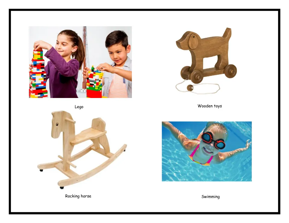 Toys and play picture cards: labelled photos of Lego towers, a wooden pull-along dog, a wooden rocking horse and swimming