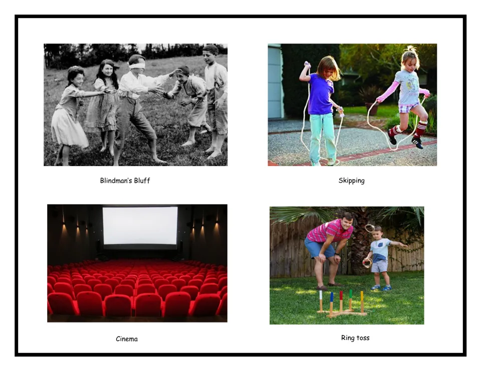 Games and outings picture cards: an old photo of blindman's bluff, plus skipping ropes, a cinema and a ring toss game