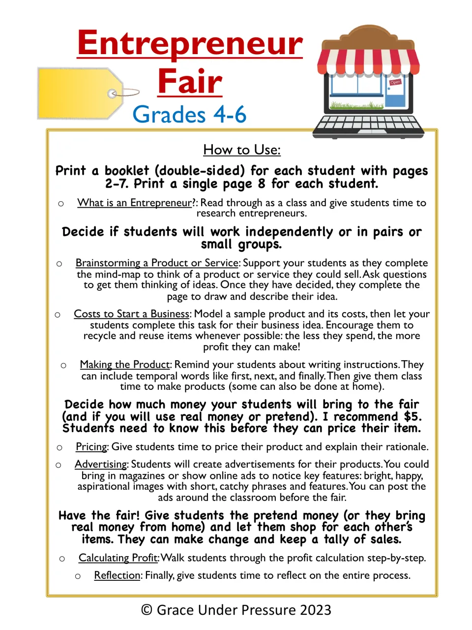 Entrepreneur Fair, Grades 4-6 cover with How to Use steps: printing the booklet, pricing, advertising, the fair and profit
