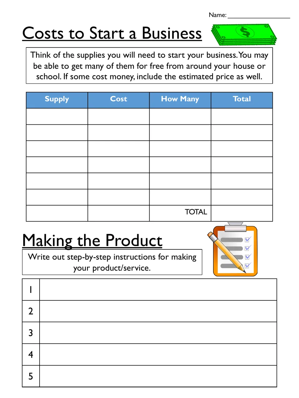 Costs to Start a Business: students list supplies, cost and quantity to total costs, then list 5 steps to make it