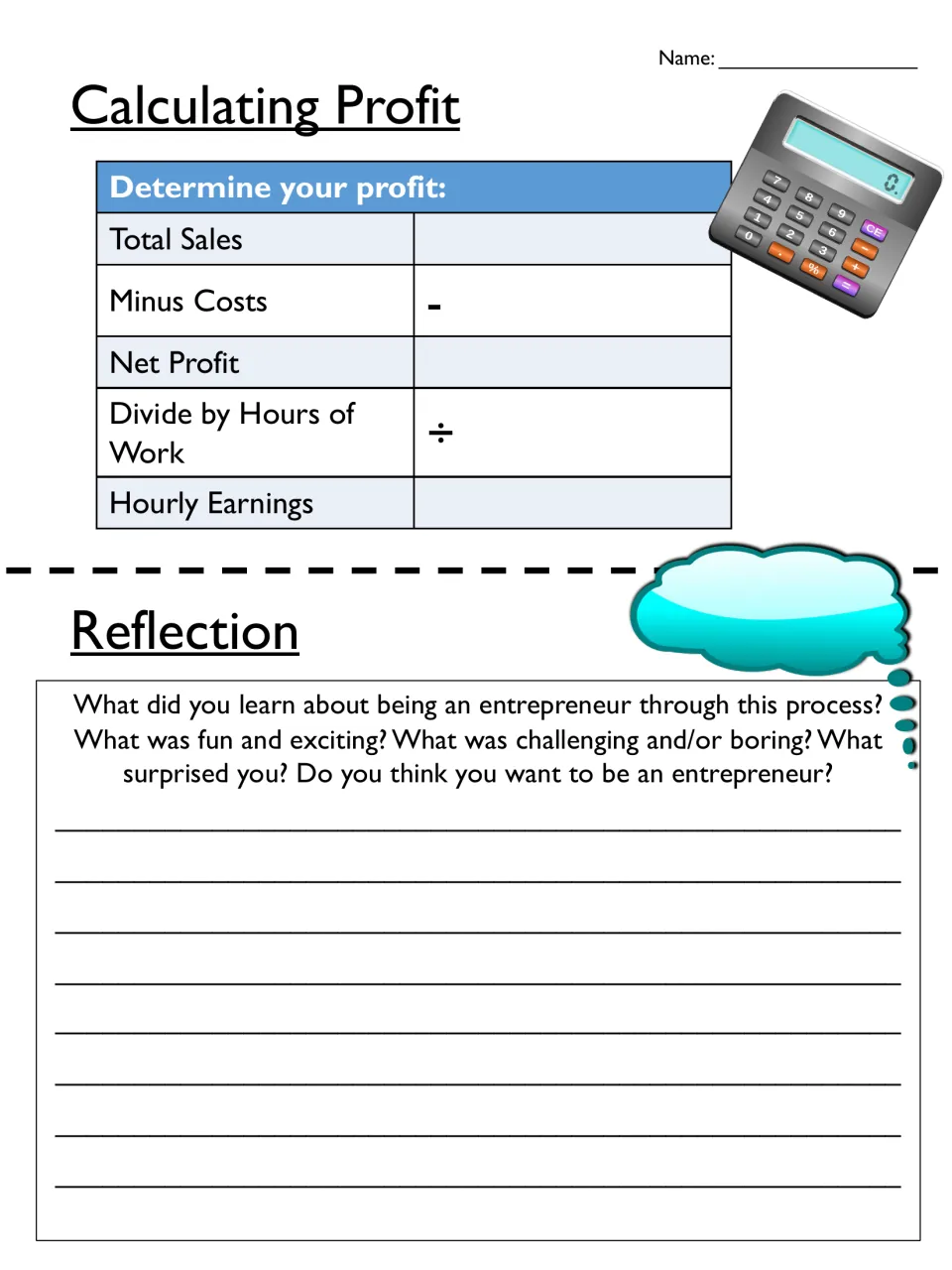 Calculating Profit: students subtract costs from sales and divide by hours worked, then answer reflection questions