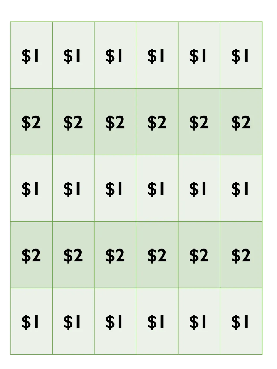 Printable play money: 18 one-dollar and 12 two-dollar bills for students to cut out and spend at the classroom fair