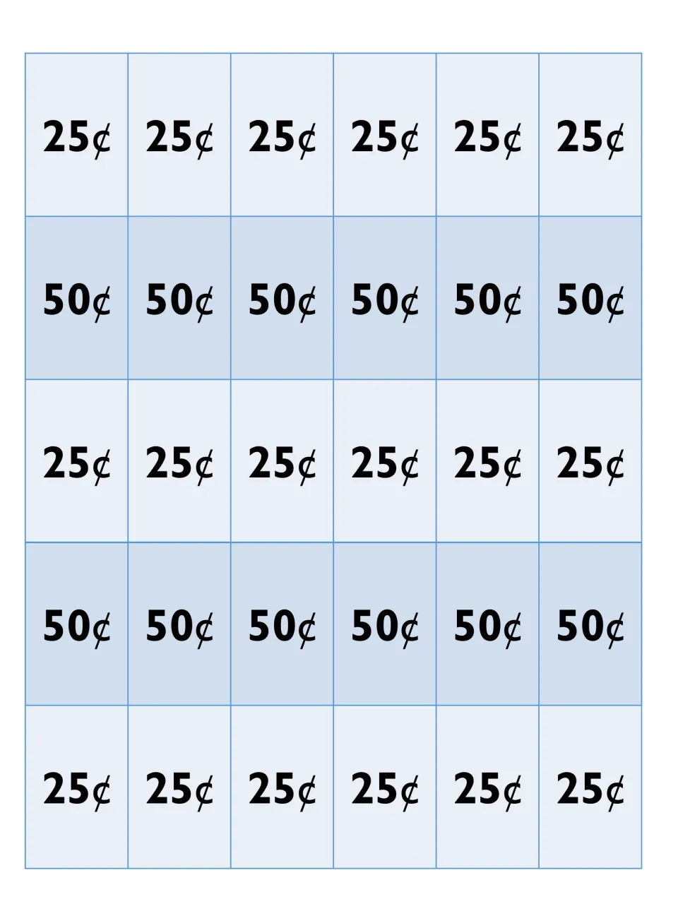 Play money in cents: 18 twenty-five-cent and 12 fifty-cent pieces to cut out so students can make change when buying